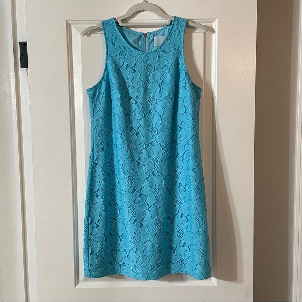 Cece Lace Overlay Floral Blue Shift Dress, Size 4